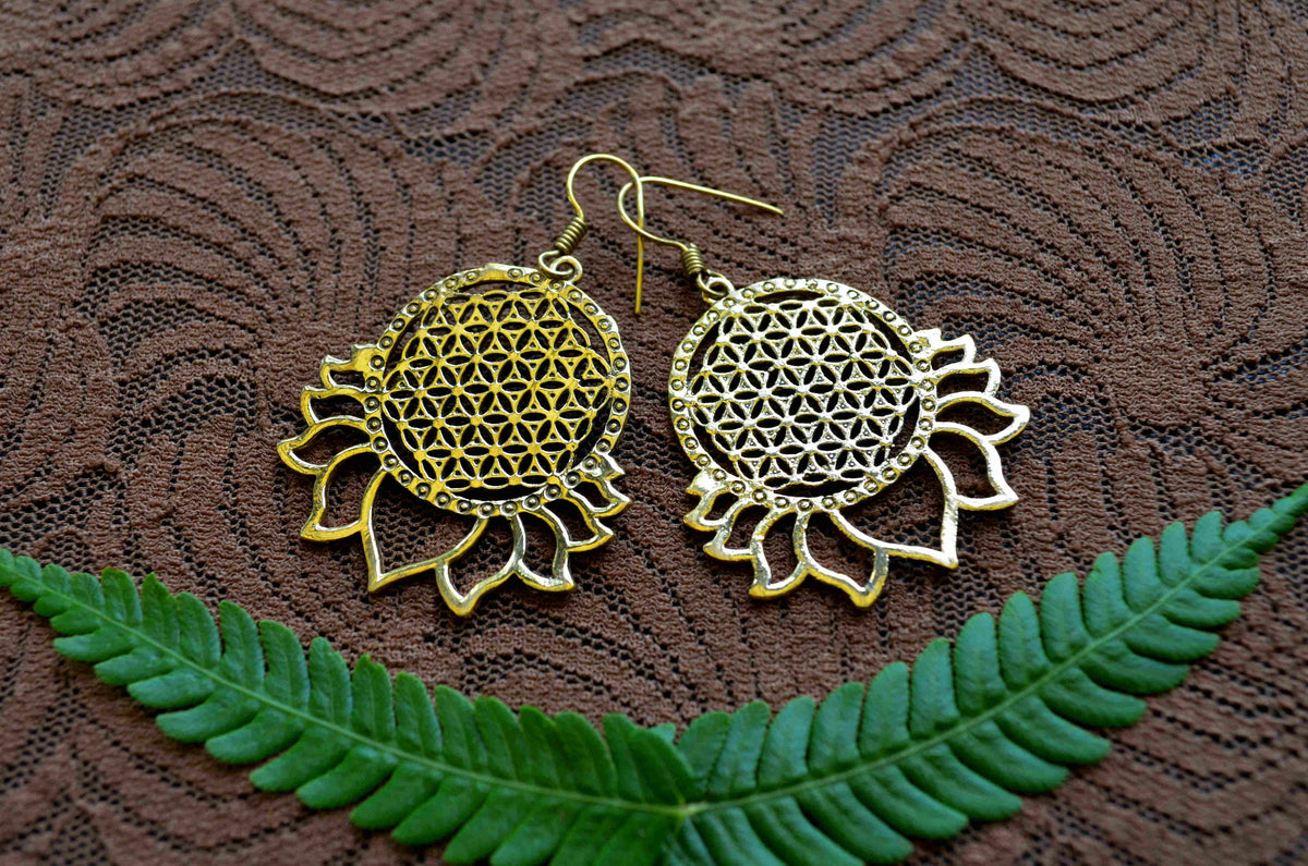 Flower of Life Lotus Brass Earrings